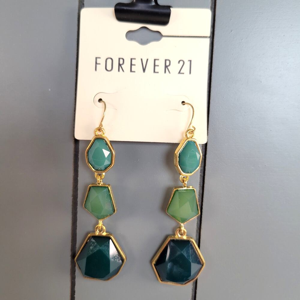 Forever 21 Green Gold Tone Geometric Drop Earrings Dangle Statement Boho Chic